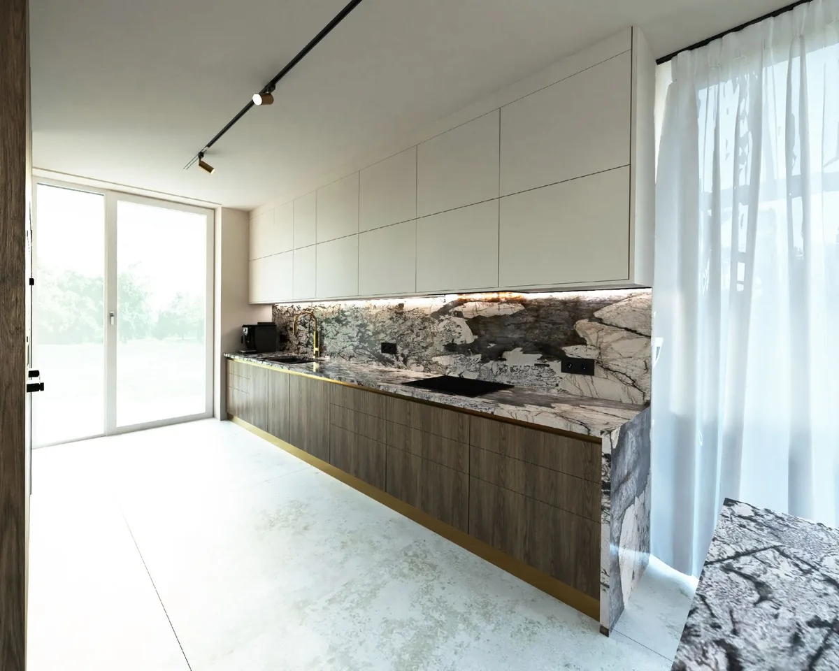 Cuisine sur mesure en bois et pierre ouverte sur le jardin