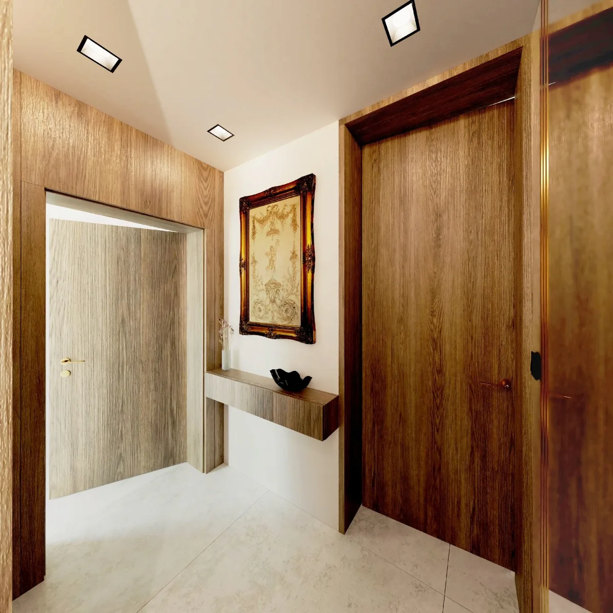 Entrée habillée de bois avec porte intégrée et console suspendue